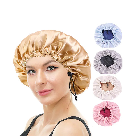 New Women Solid Reversible Satin Bonnet For Curly Hair Cap Double Layer Adjustable Sleep Cap Elastic Hair Cap Haircare Night Hat
