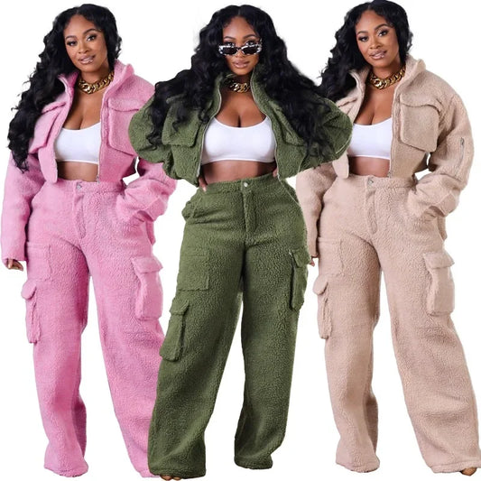 Women Solid Woolen Fleece Casual 2 Piece Set Multi 3D Pockets Long Sleeve Zipper Short Jackets Top High Waist Cargo Pants Suit