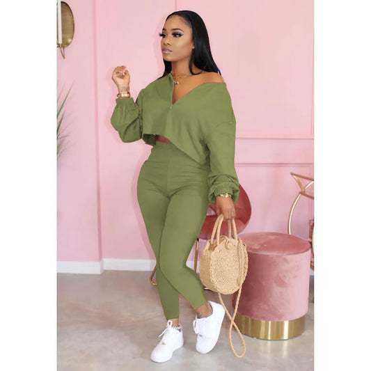 2023 FashionTracksuits Two Piece Set Women V-neck Long-sleeved Loose Crop Tops Bottoming Pants Set Office Casual Two Piece Set