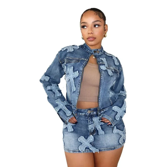 Embroidery Tassel Jeans Two Piece Set Women Stand Collar Long Sleeve Short Jackets Tops Bodycon Mini Skirts Fashion Denim Suits