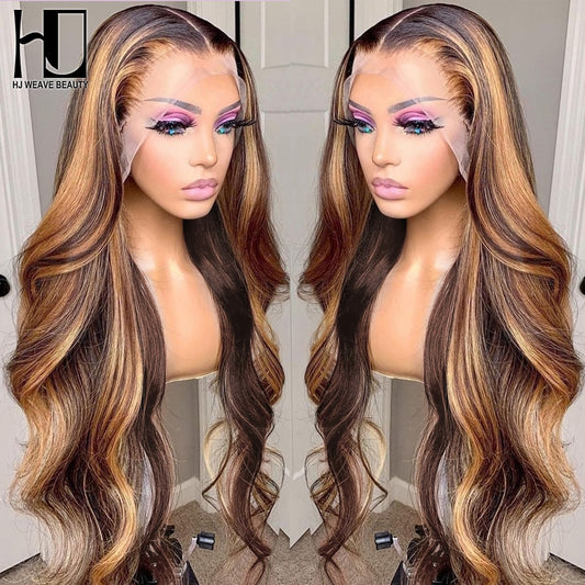 Highlight Lace Wig Body Wave 13x4 Frontal Human Hair Wigs Brazilian Honey Blonde Ombre Lace Closure Loose Water Wavy Wigs Women