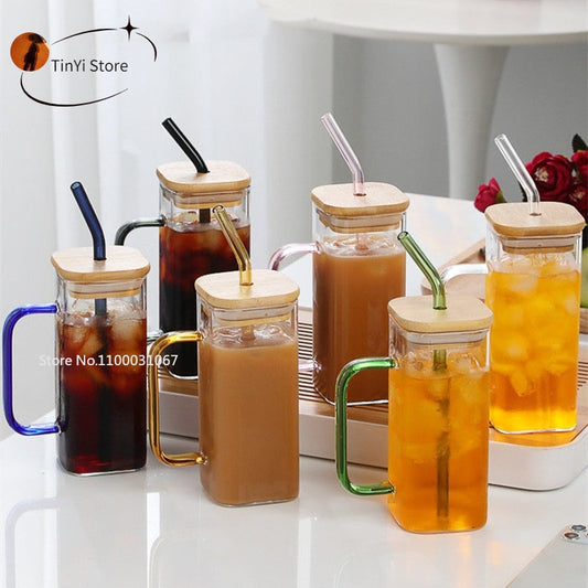 350/600ML Square Mug With Lids and Straws Single Colored Handle Layer Drinking Glass Cups For  Iced Coffee Milk Bubble Tea Water